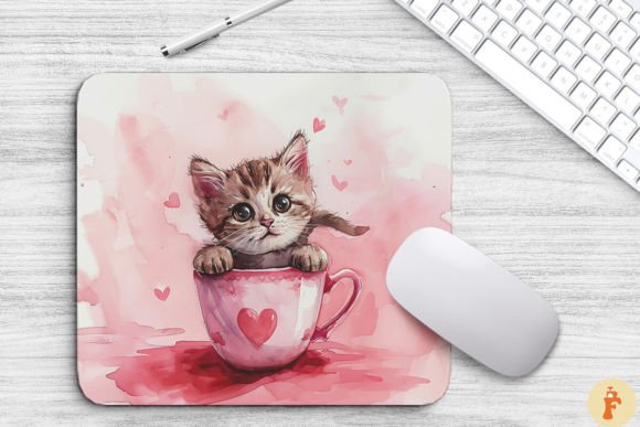 Watercolor Kawaii Kitty in Cup Mouse Pad Graphics & Backgrounds